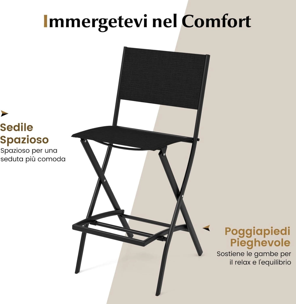 Set di Sgabelli da Bar 2 Pezzi, Sedie Alte e Pieghevoli con Telaio in Metallo e Poggiapiedi, Sedie da Bar per Balcone, Giardino e Piscina (Nero)