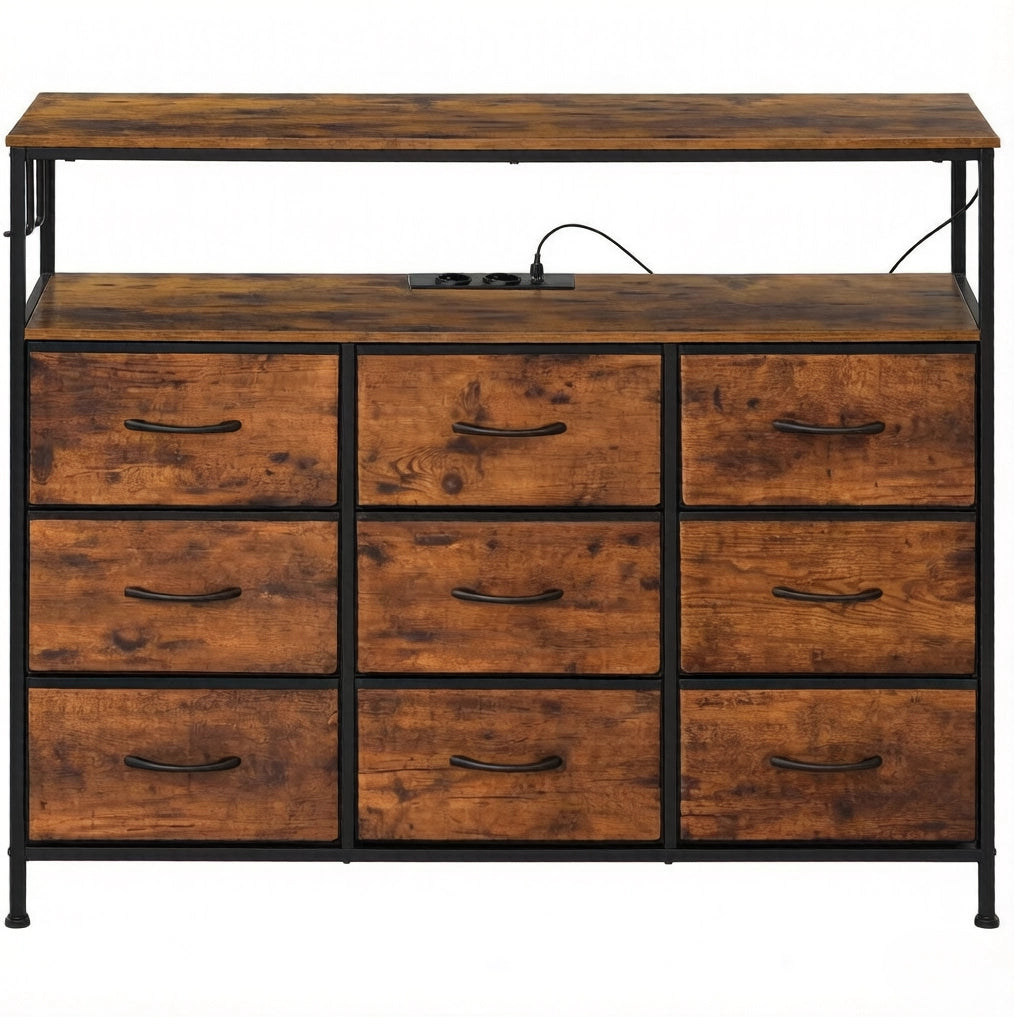 Comò con 9 cassetti e 2 ripiani in legno E1 e metallo 110x85x30 cm, colore marrone rustico e nero