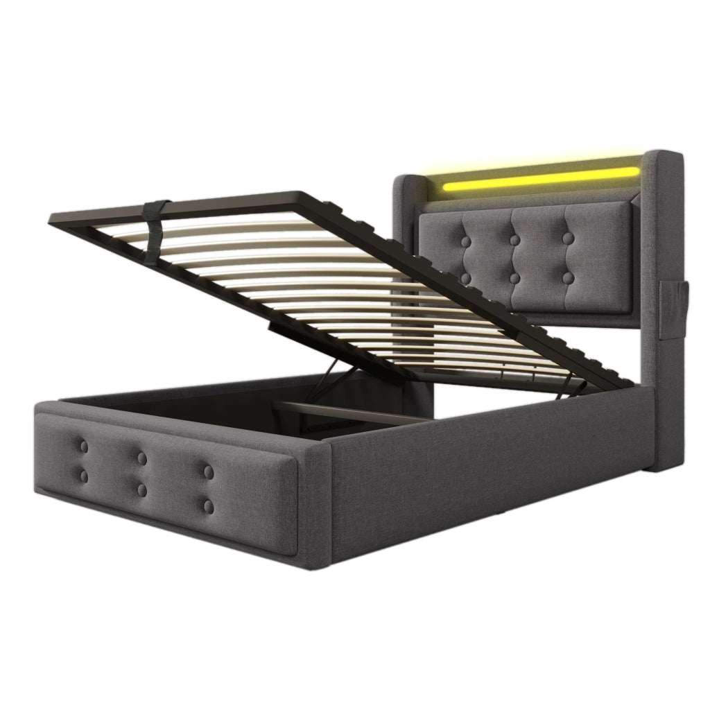 Letto imbottito 90x200 con testiera LED, prese USB-C, contenitore e materasso incluso