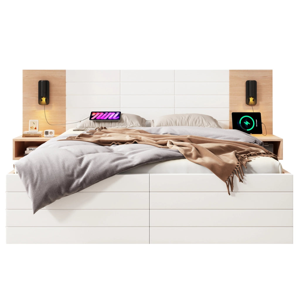 Letto matrimoniale 180x200 cm con 2 cassetti e 2 comodini; luce da lettura 360° e USB; bianco/rovere