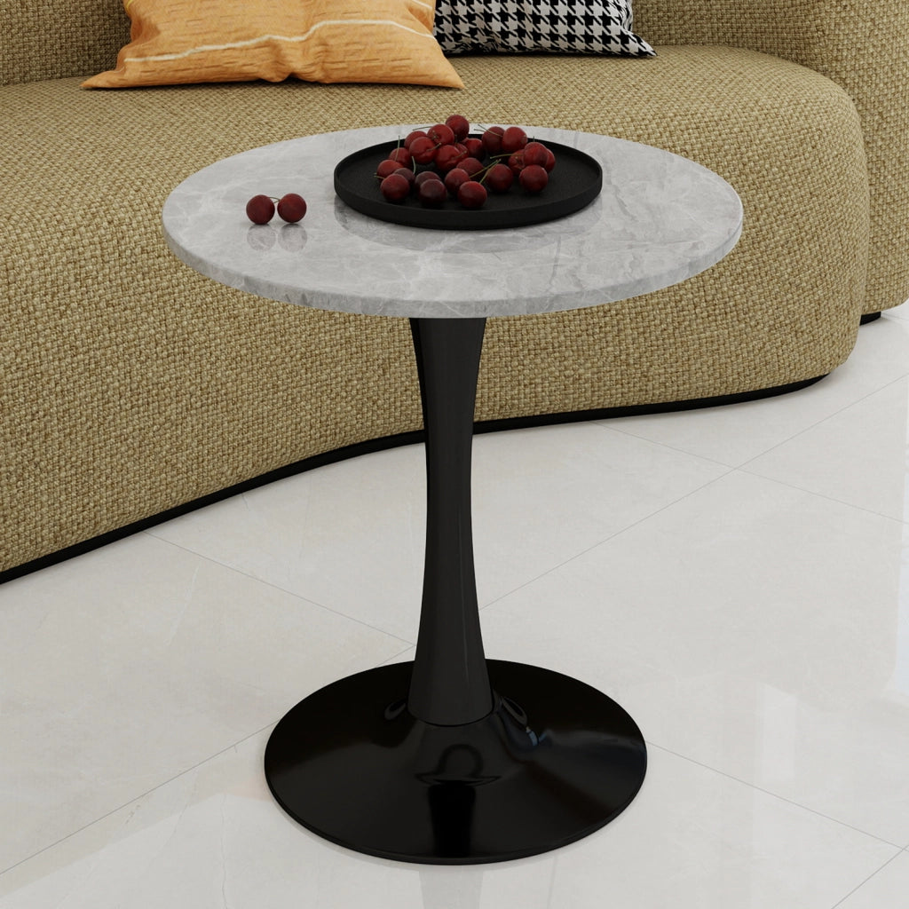 Tavolino rotondo con design moderno; in marmo artificiale nero e grigio