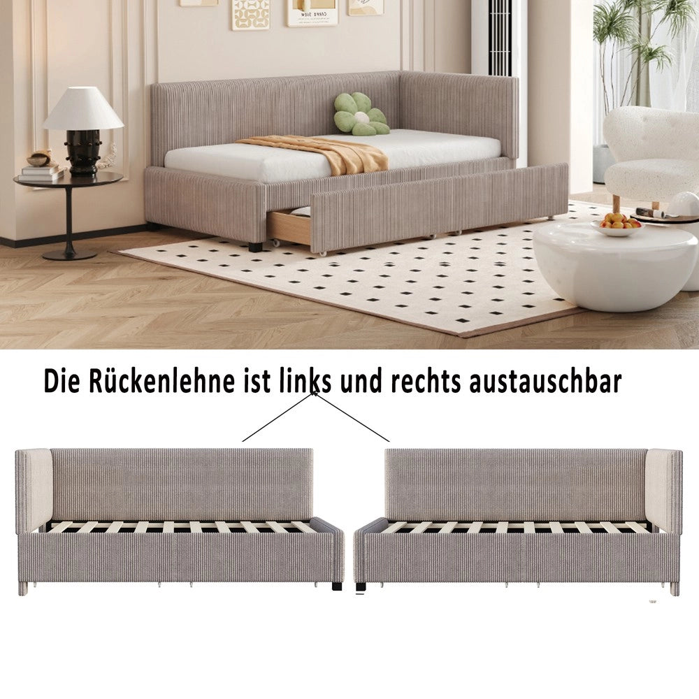 Letto imbottito con cassetti e rete a doghe ¨C Minimal ¨C Grigio velluto 90x200 cm