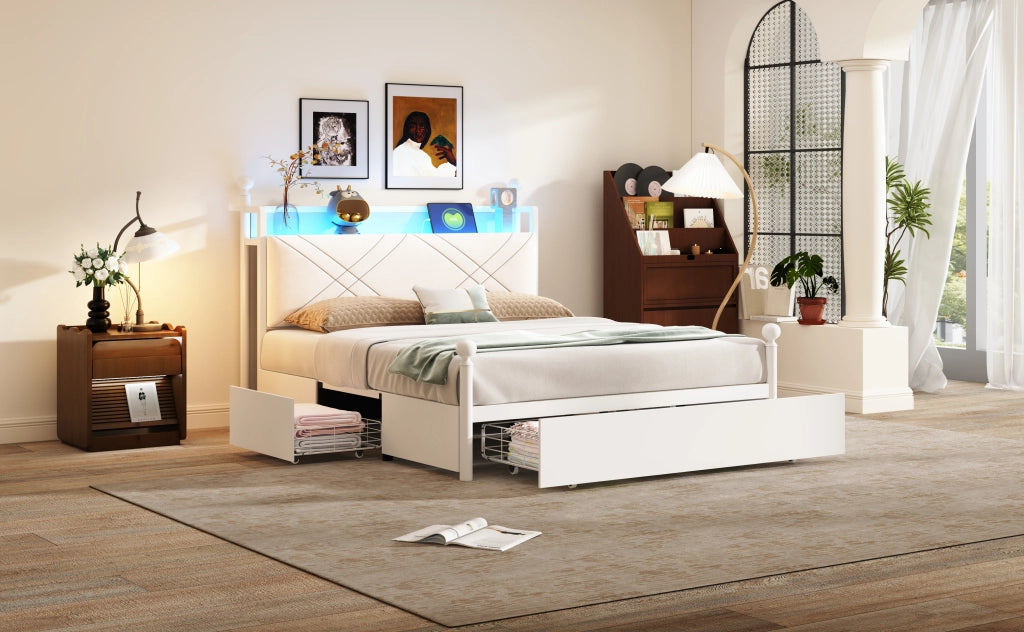 DESMIU Lit adulto 140 × 190 cm 2 posti con LED, USB e Type-C, senza materasso, in metallo, bianco