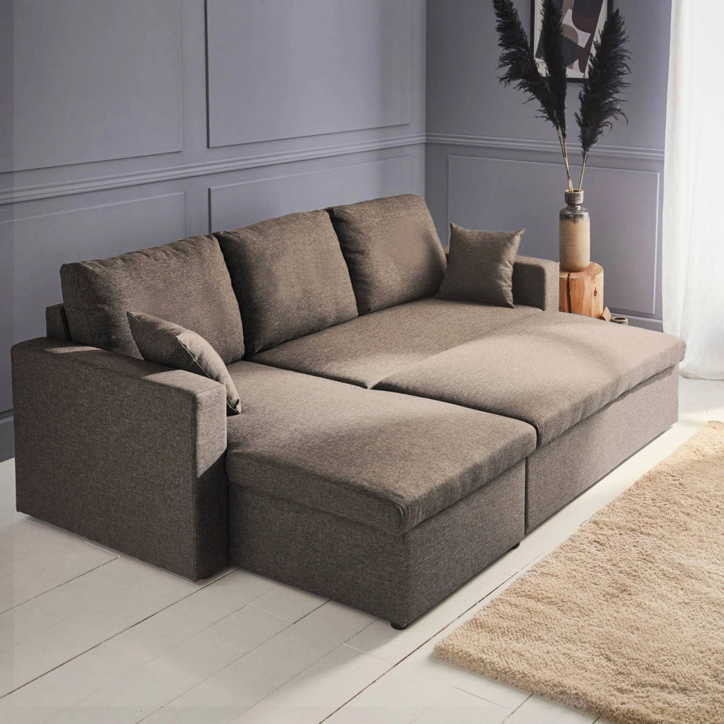 Divano letto angolare reversibile con contenitore, 3 posti, marrone