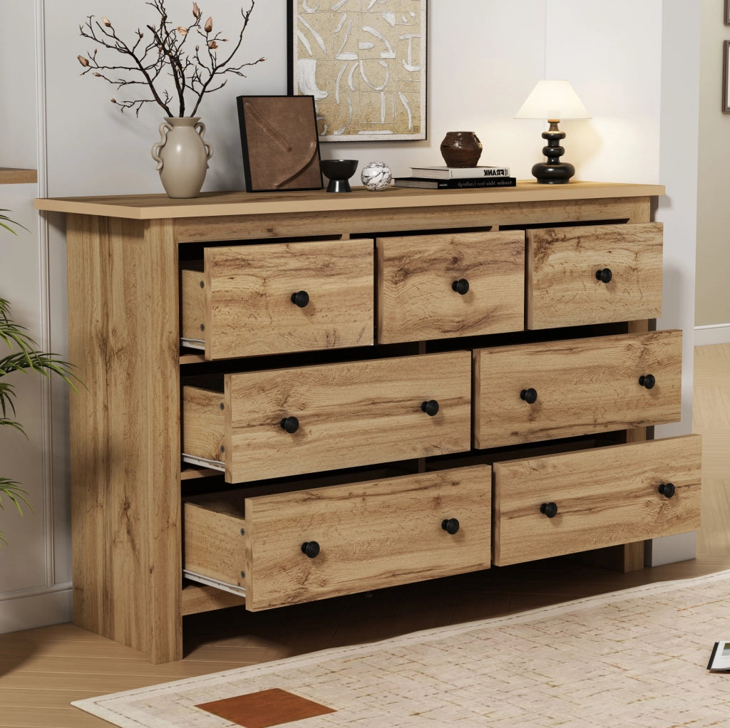 Credenza 152x40x88.5 cm con 7 cassetti e guide scorrevoli; truciolare; naturale