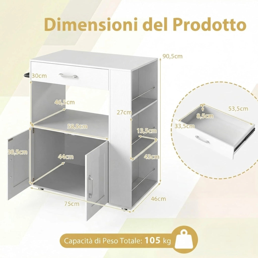 Carrello da Cucina con Ruote, Isola da Cucina con 3 Portaspezie 1 Cassetto Armadietto a 2 Porte, Carrello Portaoggetti con Portasciugamani, 82x46x92 cm (Bianco+bianco)