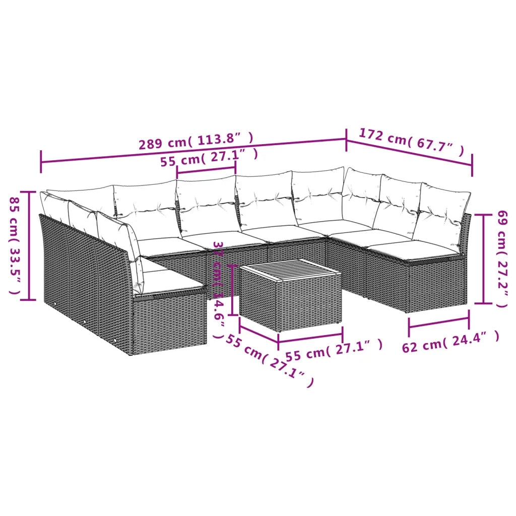 Set Divano da Giardino 10 pz con Cuscini Grigio in Polyrattan 3256123