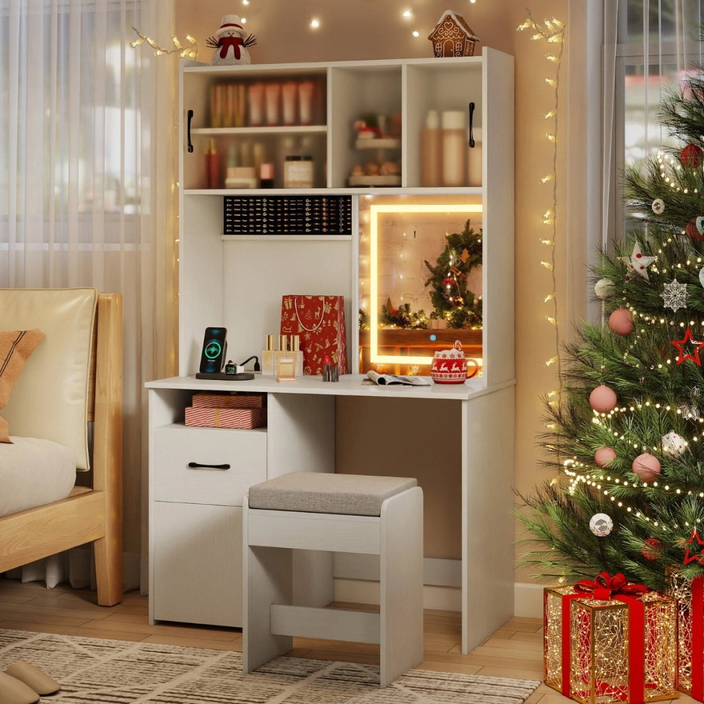 Tavolo da toeletta con specchio e luci con prese di corrente 3 modalit¨¤ di illuminazione, Tavolo cassetto e sgabello-Tavoli da trucco