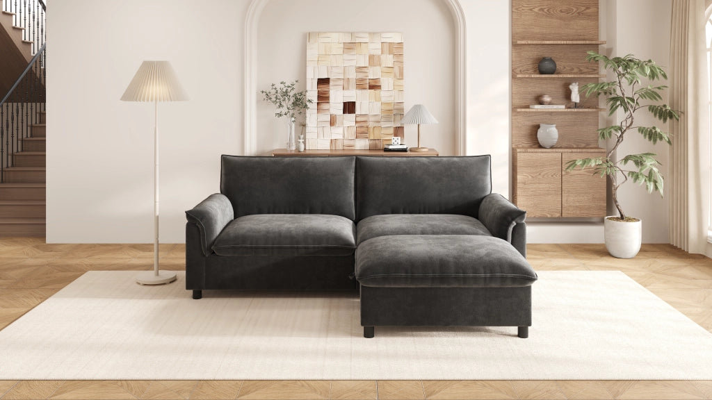 Divano modulare Cloud in chenille nero con pouf contenitore e funzione letto temporaneo