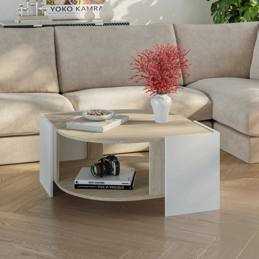 Tavolino Centrale da Salotto Klipsari con Piano Curvo 75 x 75 x 40 cm - Bianco / Color Avorio Travertino [en.casa]