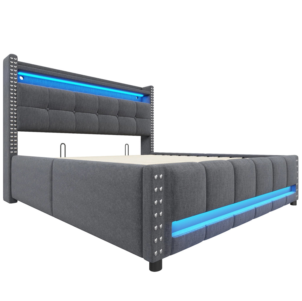 Letto imbottito 160x200 cm con contenitore; LED e USB in tessuto di lino grigio