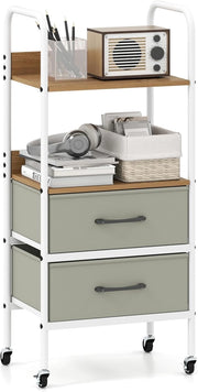 Carrello Mobile con Rotelle, Supporto per Stampante con 2 Ripiani Aperti e 2 Cassetti in Tessuto, Organizer Multiuso con 4 Ruote per Camera da Letto, Ufficio e Cucina