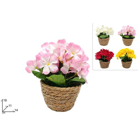 PIANTA ARTIFICIALE CON FIORI E VASO CORDA 4 COLORI ASSORITI