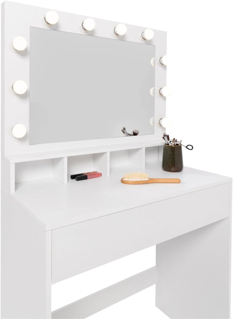 Mobiletto ZELIA con specchio LED, 4 nicchie, 1 cassetto e sgabello