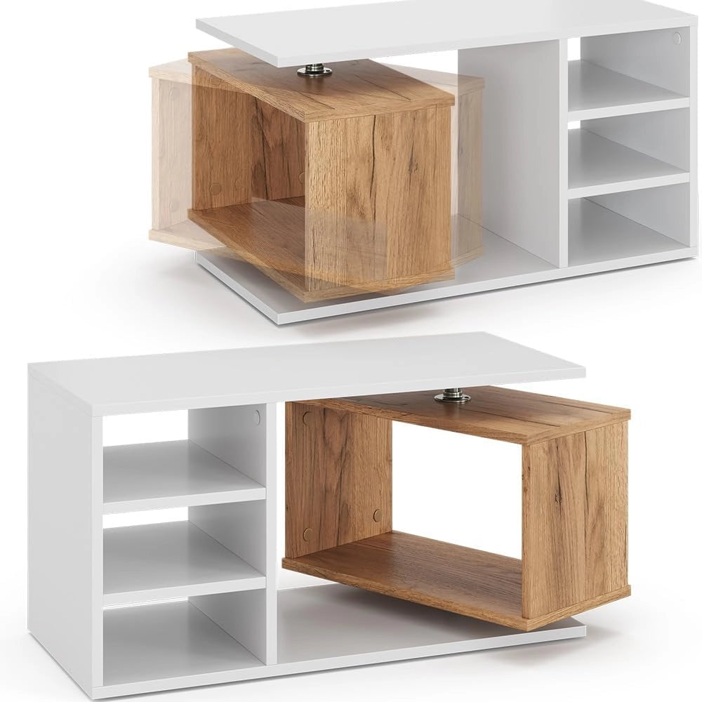 Tavolino da salotto Rafi, Bianco, 88 x 35 cm, con ripiano girevole e superfici di appoggio aperte