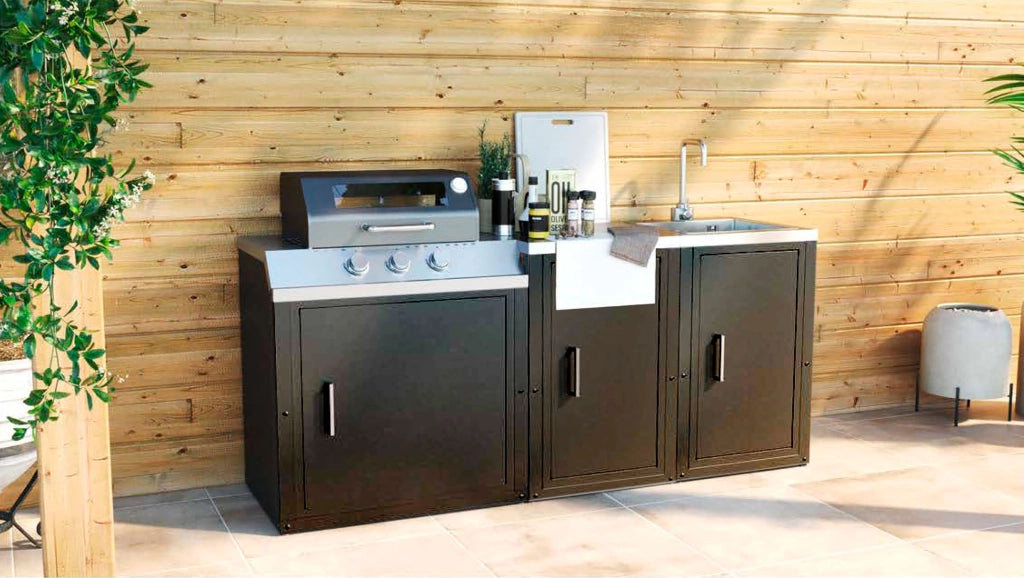 Mobile Cucina Barbecue a Gas 90,2x60,7x94 cm con 3 Fuochi e Armadietto in Acciaio Nero
