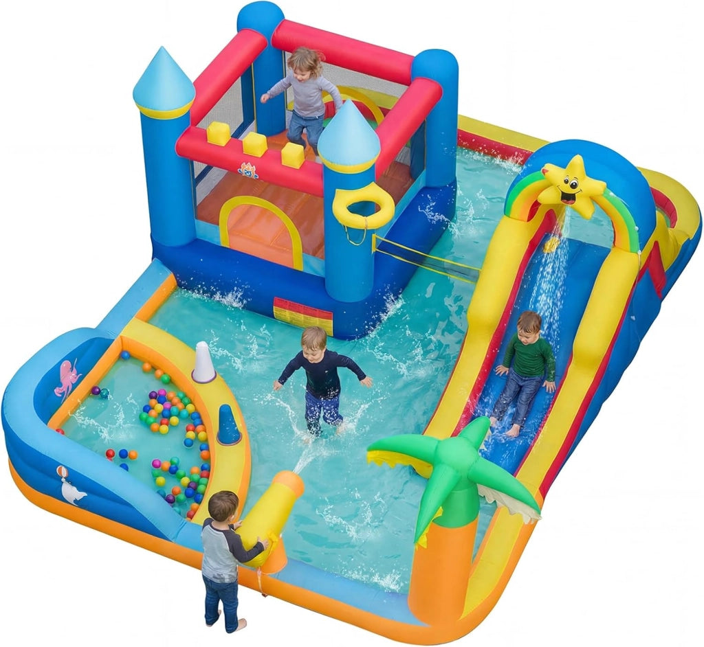 Castello Gonfiabile per Bambini, Grande Parco Acquatico per Bambini con Piscina, Scivolo, Parete d'Arrampicata, Palline Oceaniche e Gioco degli Anelli, per Bambini 3-12 Anni