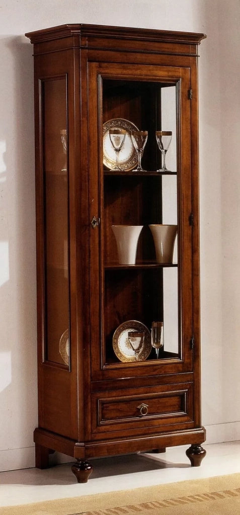 Vetrina 1 porta 1 cassetto in legno tinta noce l.67 x p.40 h.190 - Mobili 2G