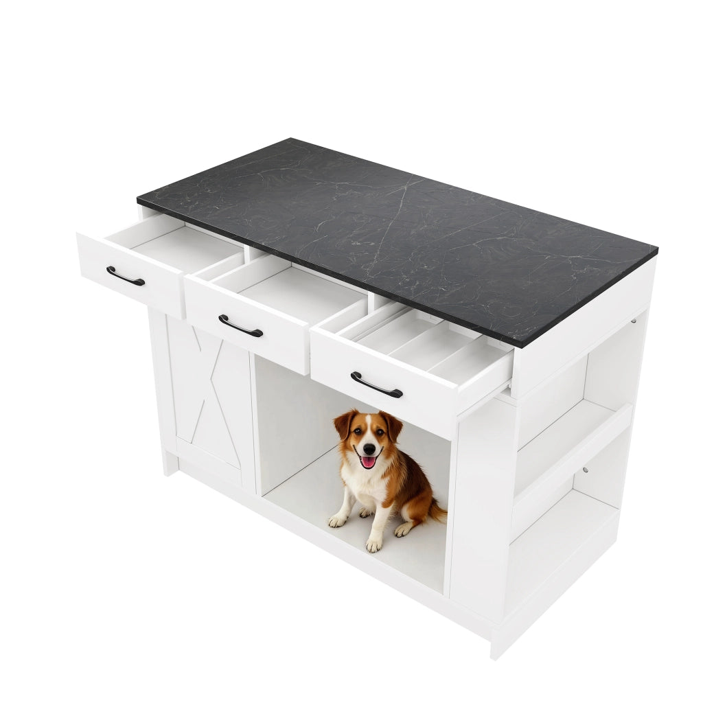 Isola da Cucina 120×60×90 cm con 3 Cassetti; Portaspezie; Ripiano Regolabile e Zona Pet; Bianca