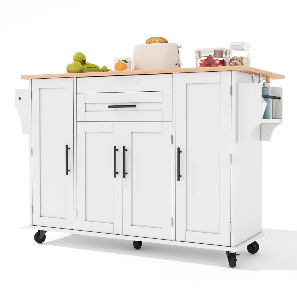 Isola da Cucina Mobile 136x70x92 cm Bianca con Piano Ribaltabile; Cassetto Nascosto; Ripiani e 5 Ruote