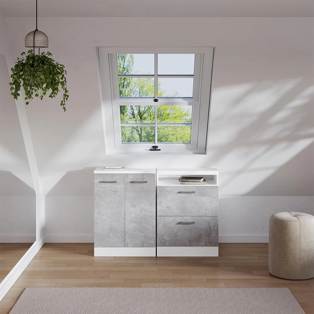 Set di mobili sottotetto Rion, Calcestruzzo, 120 cm Set di 2 carcasse armadio profondità 60 cm, adatto per il salvaspazio sotto tetti spioventi