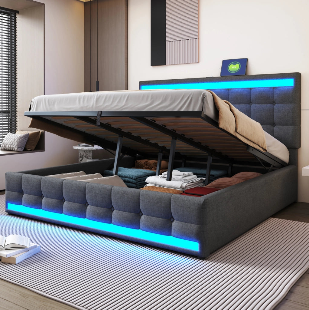Letto matrimoniale imbottito 180x200 cm con LED RGB; USB e testiera regolabile; grigio