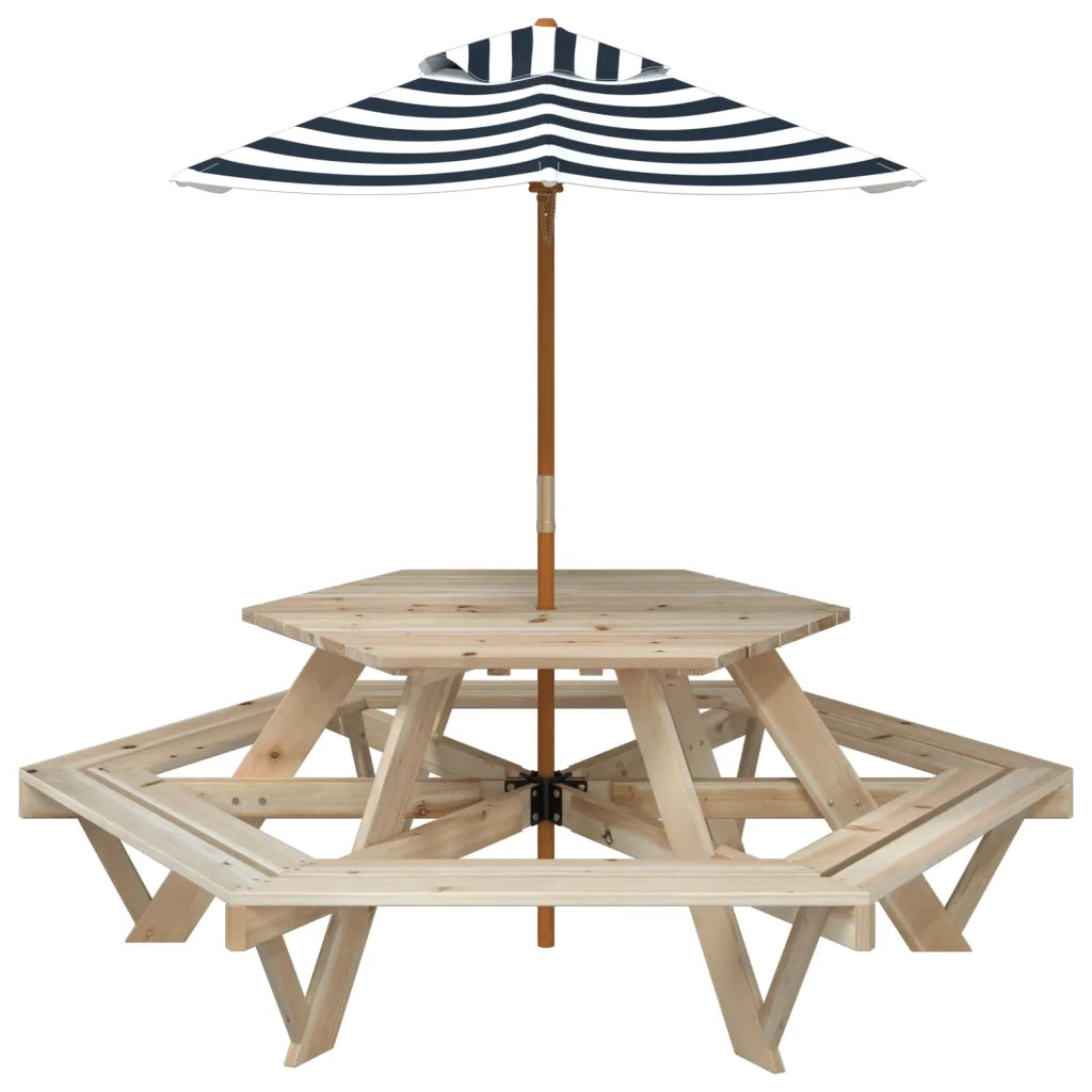 vidaXL Tavolo Picnic per 6 Bambini con Ombrellone Esagono Legno Abete