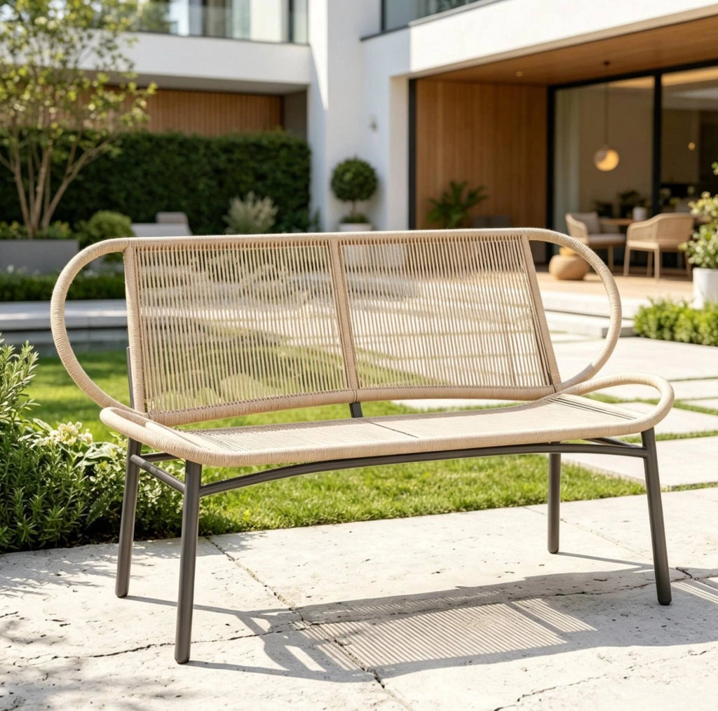Panca da giardino a 2 posti in rattan PE e metallo; 138 cm; naturale e nero