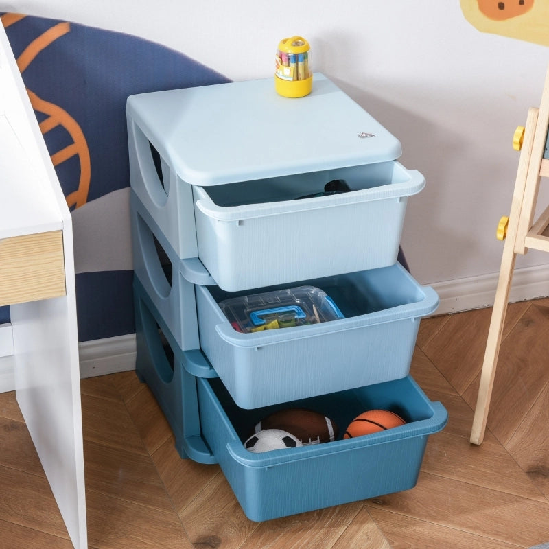 Mobile contenitore per bambini con 3 cassetti estraibili in plastica blu 37x37x56,5 cm