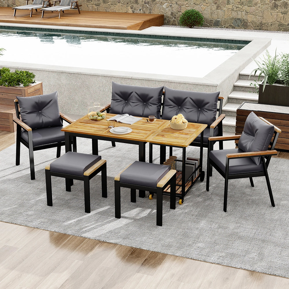 Set da giardino in acacia 6-7 posti - Xylo - Sedie + carrello pasti con fodere lavabili