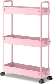 Carrello Rotante a 3 Livelli con Slitta per Utensili per Cucina, Bagno, Lavanderia, Camera da Letto - Rosso Plastica con Spazio per Lavatrice