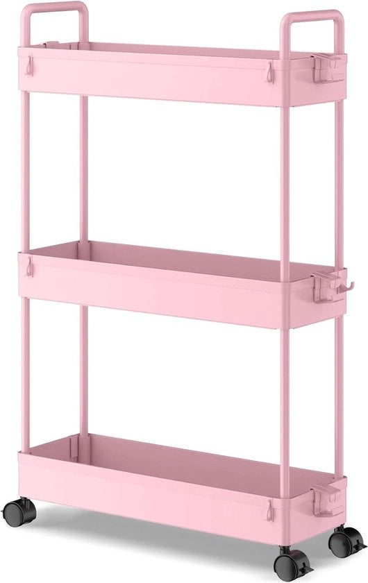 Carrello Rotante a 3 Livelli con Slitta per Utensili per Cucina, Bagno, Lavanderia, Camera da Letto - Rosso Plastica con Spazio per Lavatrice