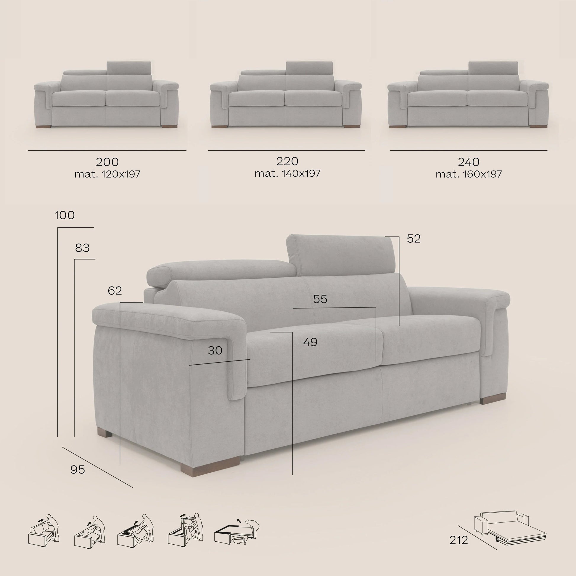 Divano Letto 3 Posti 220x100x95 cm in Tessuto Marrone
