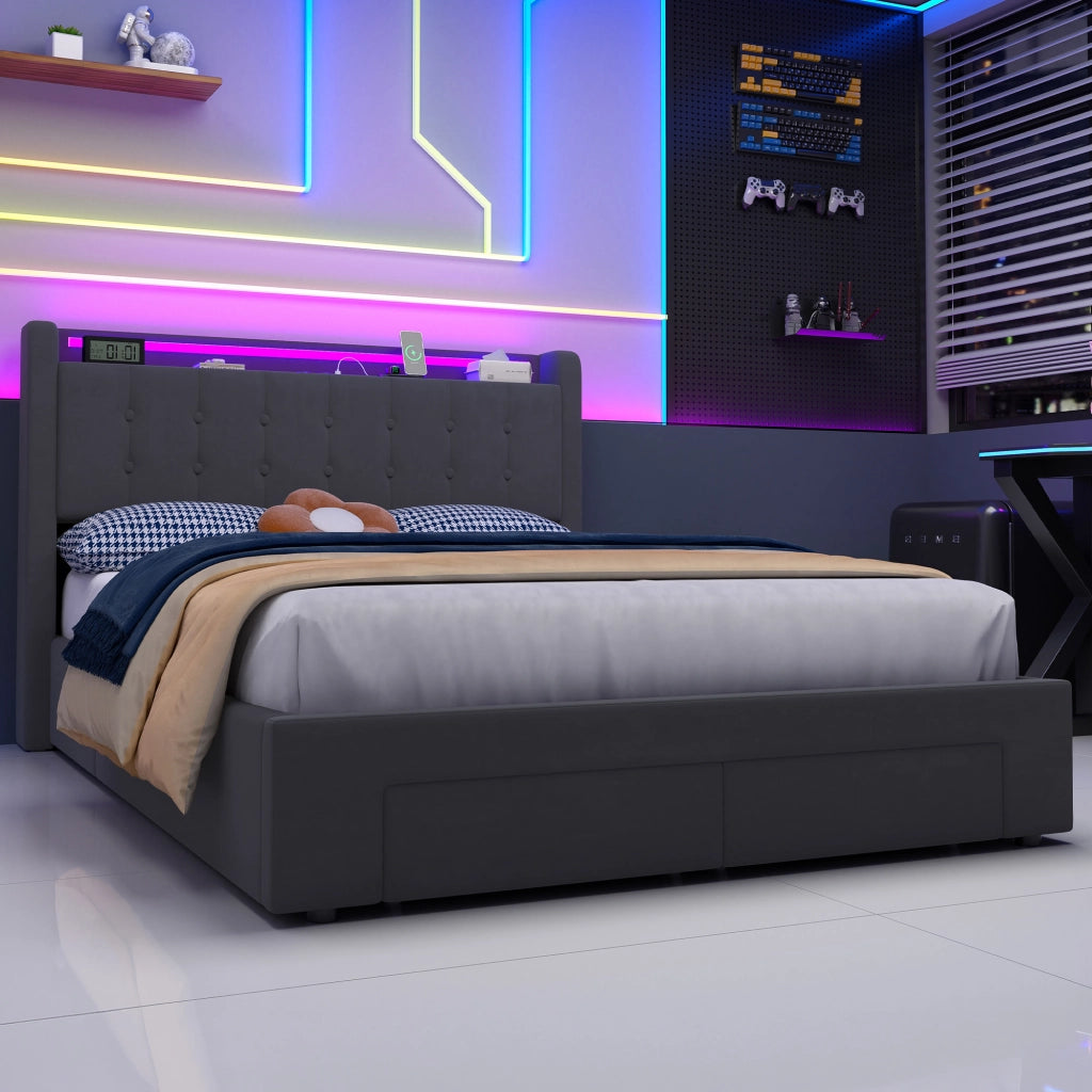 LETTO Imbottito 140 x 200 cm in Velluto con LED, USB e 2 Cassetti