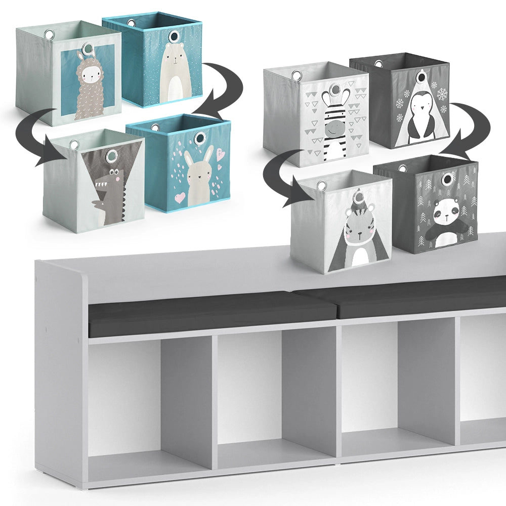 Vicco Scaffale per bambini Bianco 107.2 x 88.6 cm 4 scomparti, con cassette pieghevoli grigie