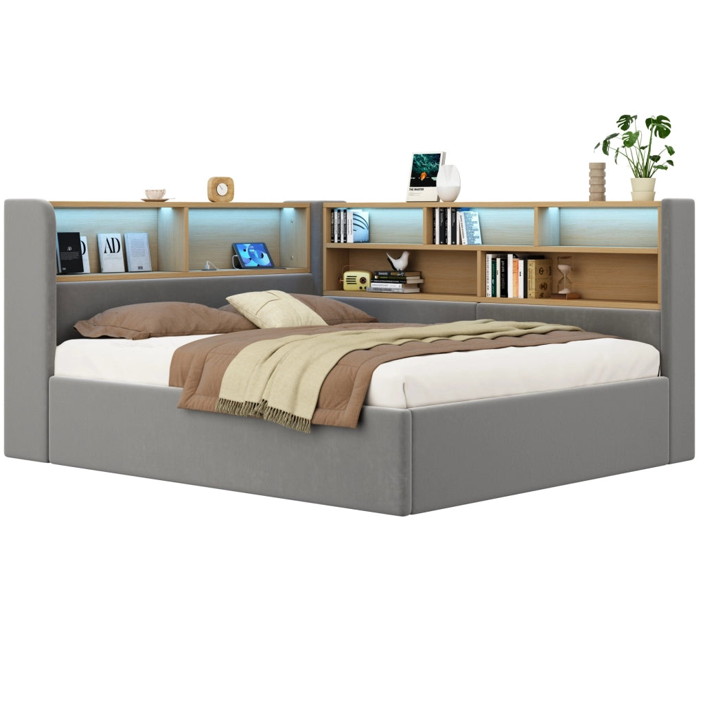 Letto daybed imbottito 140x190 cm con contenitore idraulico; LED; USB e rivestimento in velluto grigio