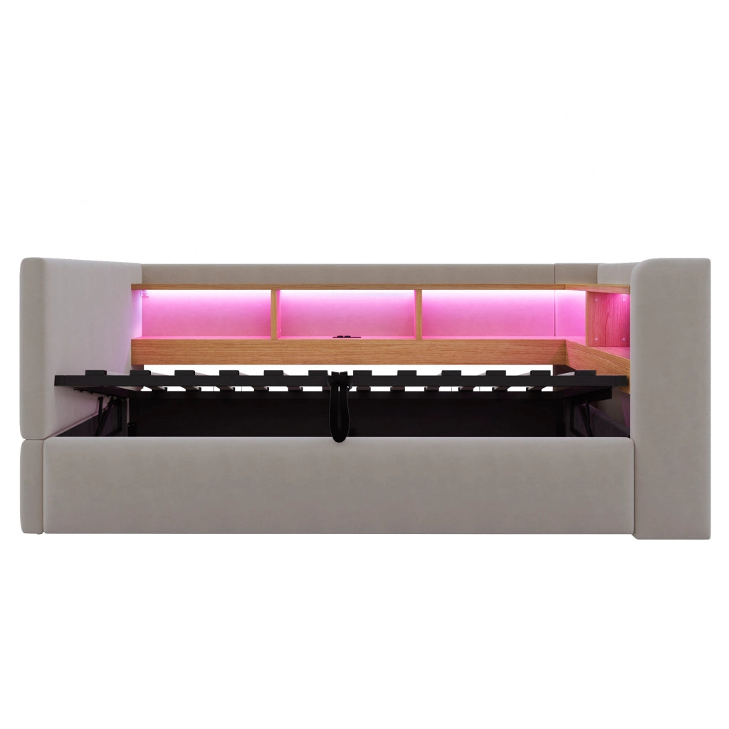 Divano letto imbottito 90x190 cm con vano contenitore idraulico, LED e prese, grigio scuro