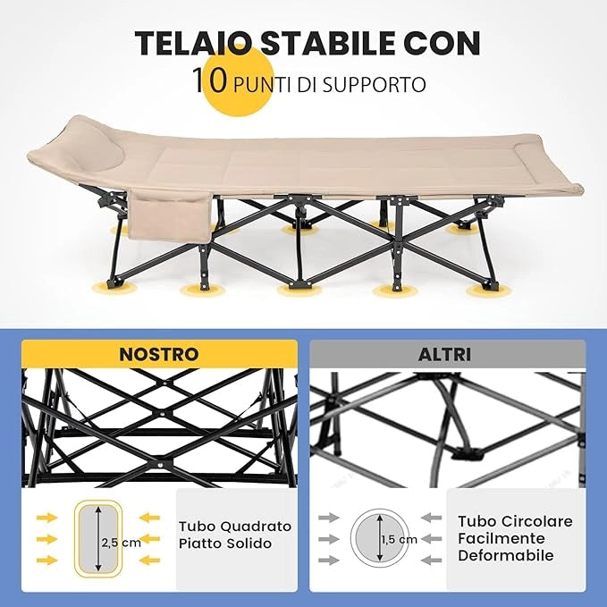 Brandina da Campeggio, Letto da Campeggio con Cuscino e Poggiatesta, Tappetino a Doppio Strato, Brandina da Campeggio Portatile per Ufficio, Casa, Carico Fino a 204 kg(marrone)