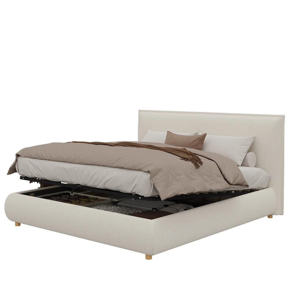 Letto Imbottito Matrimoniale Contenitore ¨C Xylo ¨C Bianco Boucl¨¦, Testiera, Doghe, Idraulico, 180x200