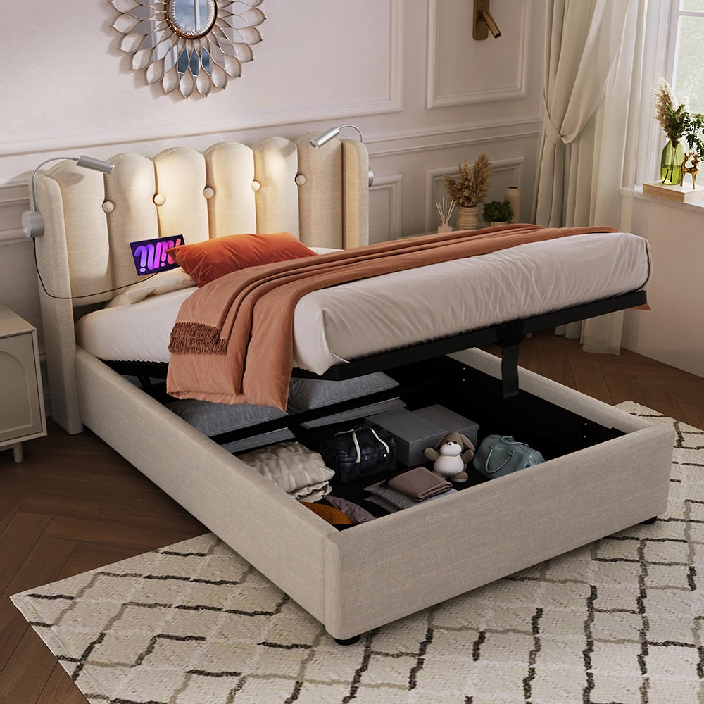 Letto a cassettoni singolo imbottito - Xylo - 90x200 cm - Beige - Testiera imbottita, spazio di archiviazione