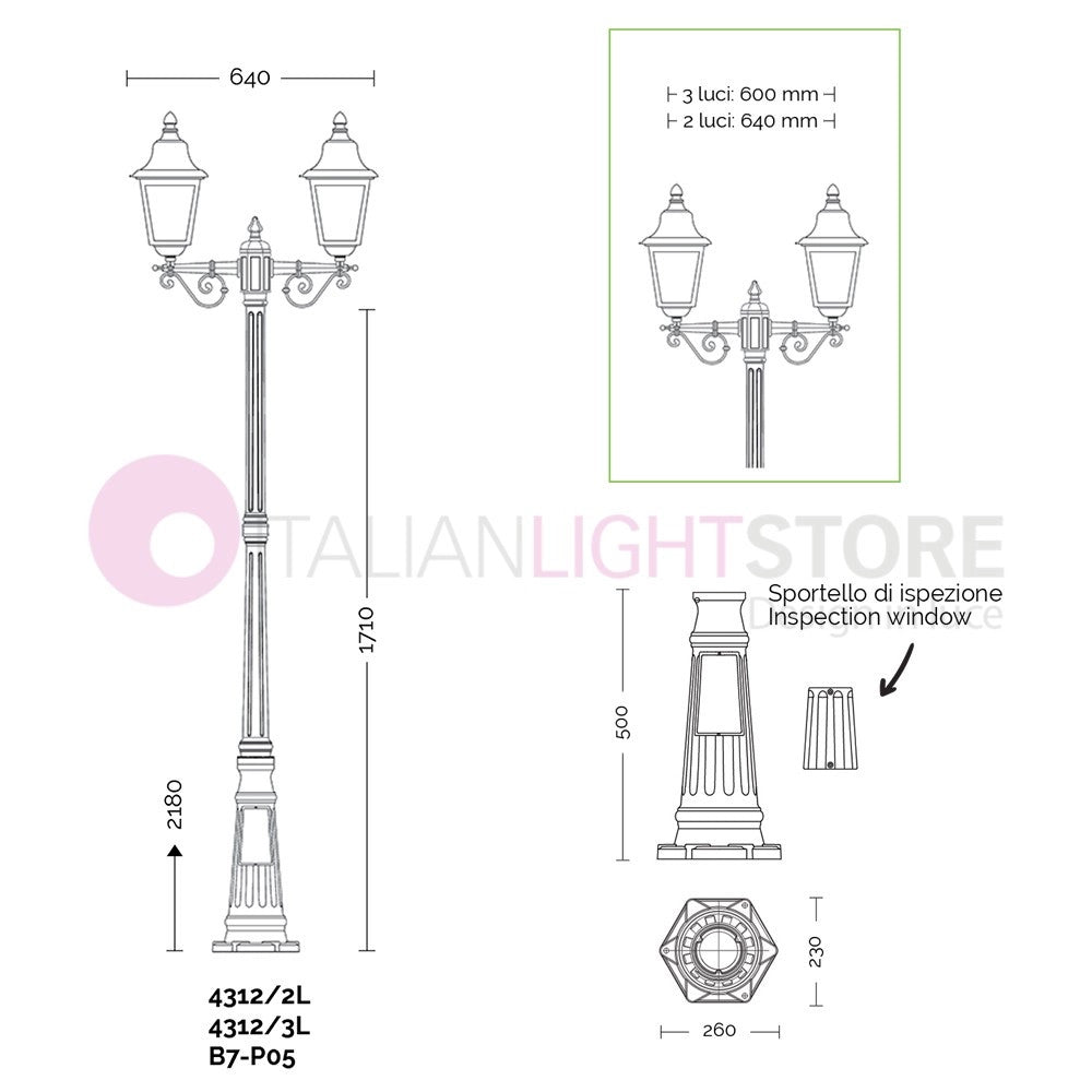 ARYEL Lampione h.218 a 2 luci per Esterno Lanterne Classiche Quadrate
