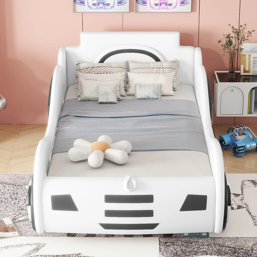 OKWISH Letto Bambini 90×200 cm, Letto Singolo con Contenitore, Design Auto, senza Materasso, in PU e MDF, Bianco