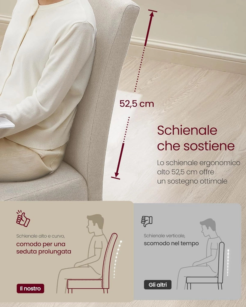 VASAGLE Sedie da Pranzo, Sedie Parsons da Cucina, Schienale Alto, per Sala da Pranzo, Set di 2, Seduta Imbottita Spessa, 58 x 48 x 100 cm, Bianco Crema KDC158W01