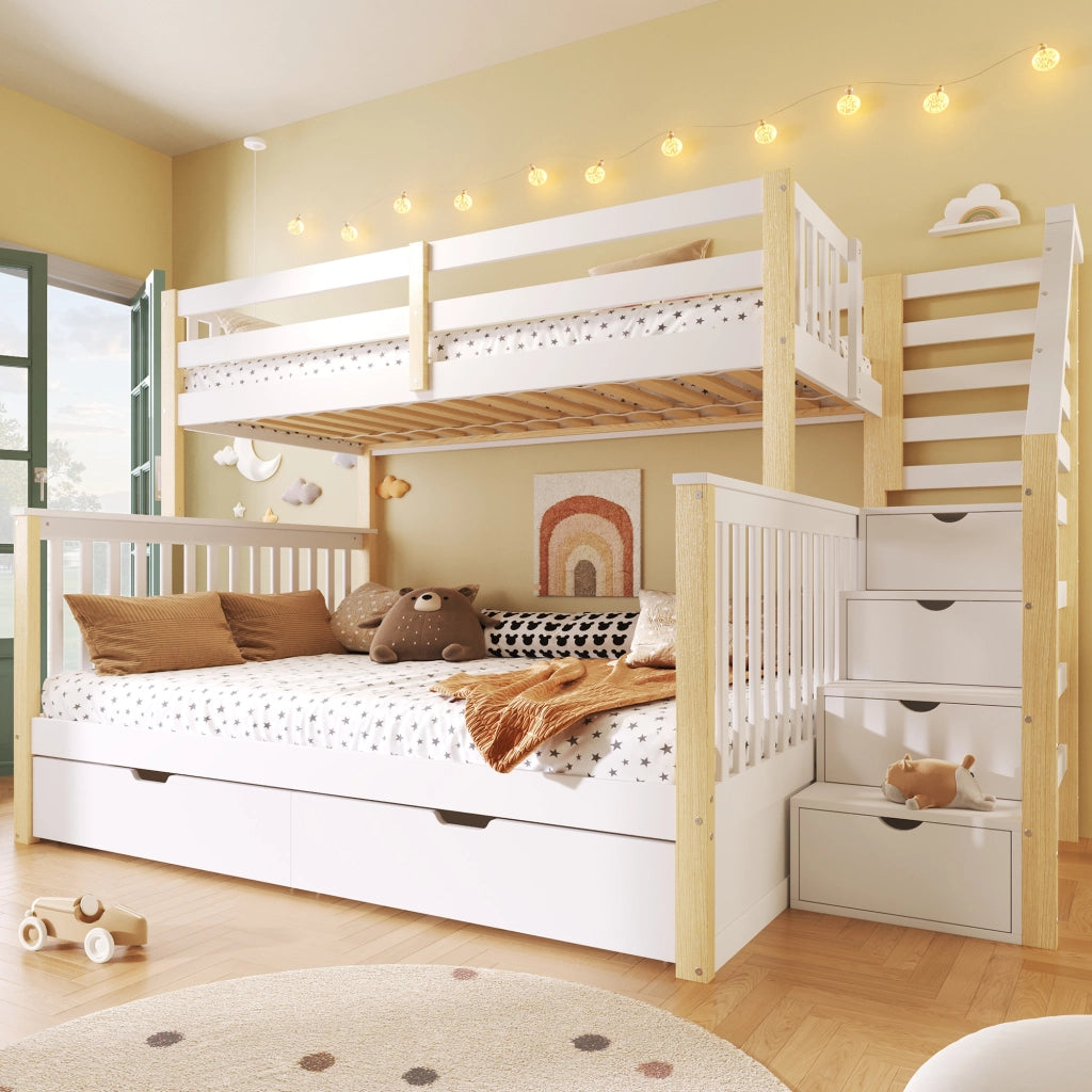 Letto a castello 90 × 200 cm et 140 × 200 cm con cassetti, barriera di sicurezza, senza materasso, pino, bianco naturale