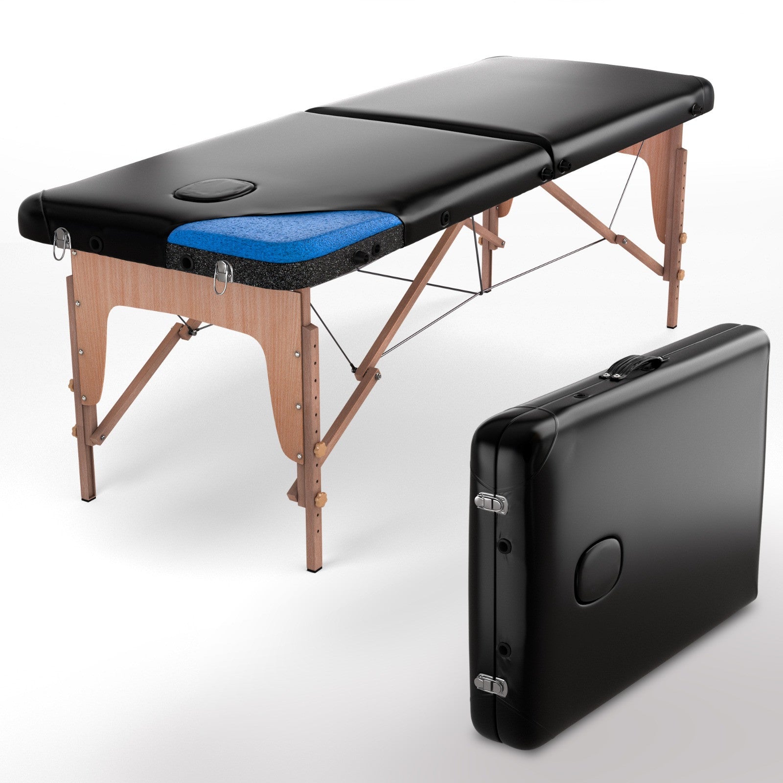 FENIXSHOP24 LETTINO MASSAGGIO IN LEGNO 2 ZONE - LETTINO MASSAGGI,LETTINO ESTETISTA FISIOTERAPIA,TATTOO,PORTATILE RICHIUDIBILE COD-05(NERO)