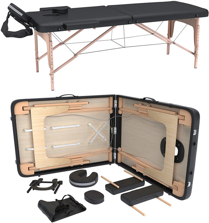 FENIXSHOP24 LETTINO MASSAGGIO PROFESSIONALE 2 ZONE - LETTINO MASSAGGI,LETTINO ESTETISTA FISIOTERAPIA,TATTOO, IN LEGNO PORTATILE RICHIUDIBILE COD-12 (NERO)