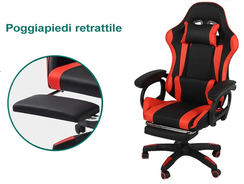 FENIXSHOP24 Sedia/Poltrona Gaming Ergonomica Reclinabile con Poggiapiedi Poggiatesta e Supporto Lombare Braccioli X Gamer da Scrivania con Ruote Girevoli HLD-920 (ROSSO)