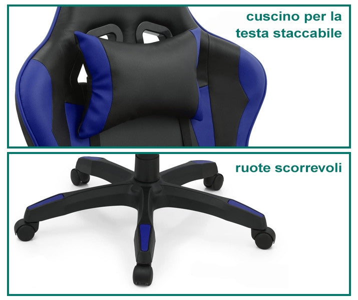 FENIXSHOP24 Sedia/Poltrona Gaming Ergonomica Reclinabile con Poggiapiedi Poggiatesta e Supporto Lombare Braccioli X Gamer da Scrivania con Ruote Girevoli HLD-920 (BLU)