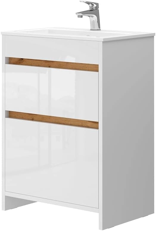 Set mobili bagno Detmold, Bianco lucido/oro power oak, 49 cm, composto da mobile sottolavabo e lavabo