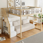 Letto a soppalco per bambini 140 × 200 cm con scala e ripiani, zona divano, senza materasso, legno massiccio bianco naturale